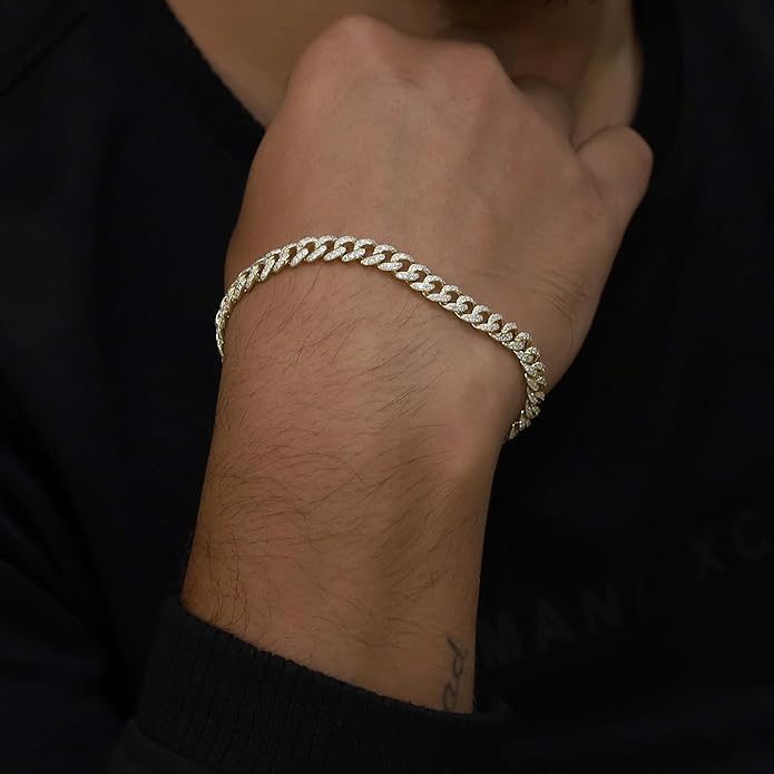 SAVEARTH DIAMONDS Round Lab Created Moissanite 6MM Width Cuban Chain Bracelet For Men In 14k Gold Plated 925 Sterling Silver (VVS1 Clarity, 2.70 Ct-3.00 Ct), Gift For Him