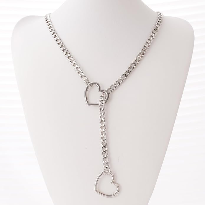 Heart Slip Chain Necklaces for Women,Stainless Steel O-Ring Adjustable Lariat Y-Necklace,Punk Gothic Cuban Collar Choker Necklace for women