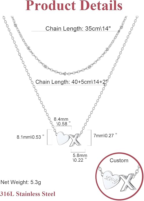 FOCALOOK Layered Initial Necklace for Women, 14K Gold Plated Choker Necklaces Stacks with Initial A-Z, Dainty Silver Heart Pendant Necklace Personalized Birthday Women Jewelry