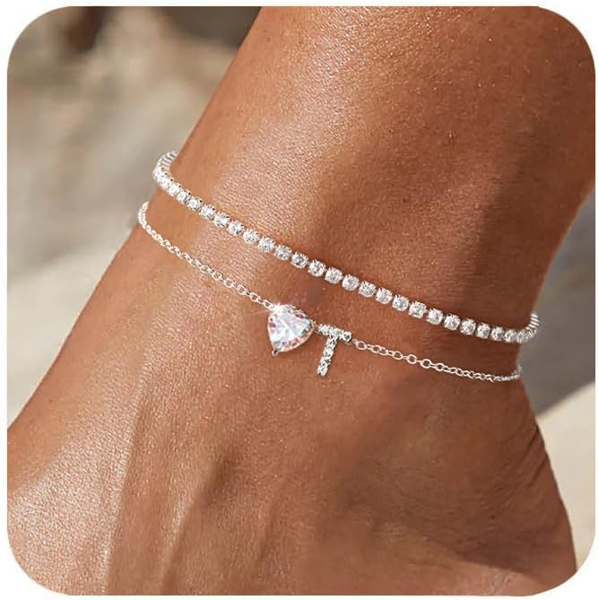Heart Initial Silver Anklets for Women Waterproof Dainty Silver Plated ankle bracelets for women Large Ankle Women's Anklets Tennis ankle bracelets Non Tarnish Summer Beach Foot Jewelry