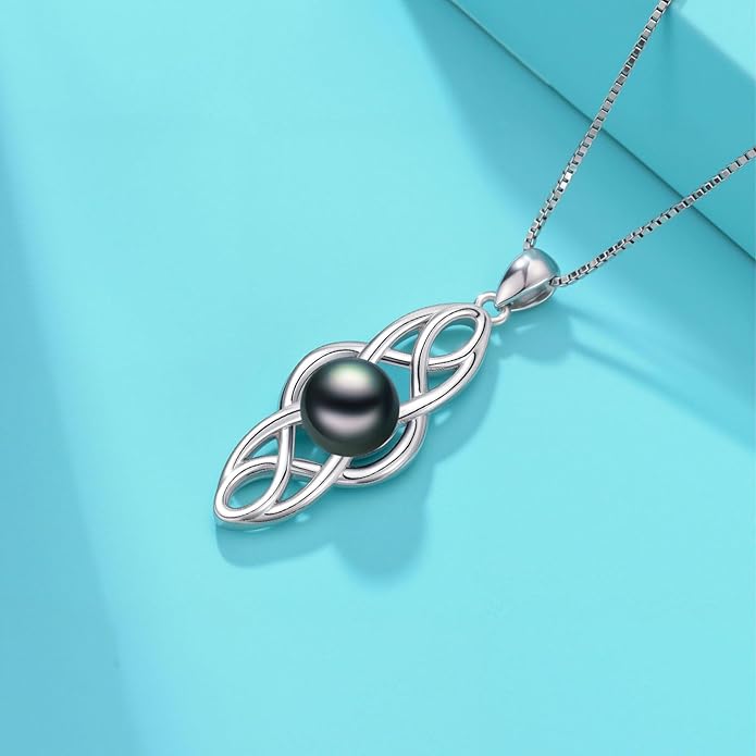 KANNSOAR Tahitian Black Pearl AAAA 18K White Gold Plated Sterling Silver Celtic Knot Pendant Necklace for Women Wife Mom Girlfriend Valentine Her Jewelry Gift for Anniversary Birthday