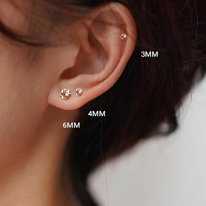 6 Pairs Stud Earrings Set, Hypoallergenic Cubic Zirconia Earrings 316L Stainless Steel CZ Earrings 3-8mm