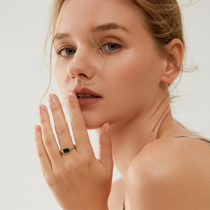 Gold Emerald Rings Gold Rings for Women Dainty Green Rings Cut Emerald Gemstones CZ Non Tarnish Gold Rings 14K Gold Plated Rings for Women Band Size 6/7/8/9