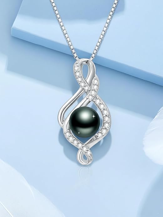 KANNSOAR Tahitian Black Pearl 18K White Gold Plated Sterling Silver Heart/Infinity/Four Leaf Clover Pendant Necklace Jewelry Gifts for Women Wife Mom Girlfriend Wedding Birthday Anniversary Christmas