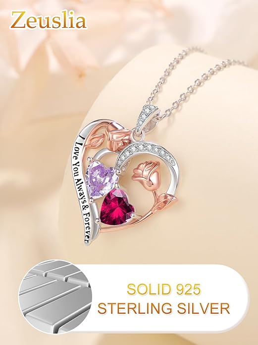 Zeuslia Double Birthstone Necklace Gifts for Wife - 925 Sterling Silver Sunflower/Rose/Crown Cross/Compass/Heart Pendant I Love You Necklace, Anniversary Birthday Gifts for Wife Girlfriend Mom Her
