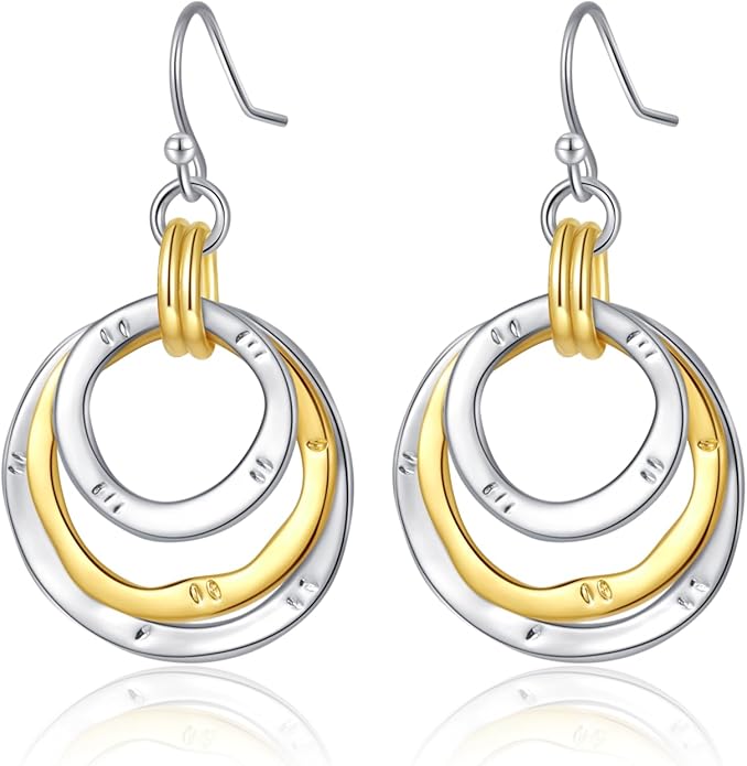 Mixed Metal Earrings, Round Circle Hoop Two Tone Dangle Earrings, Vintage Gold and Silver Geometric Earrings, Handmade Boho Earrings for Women