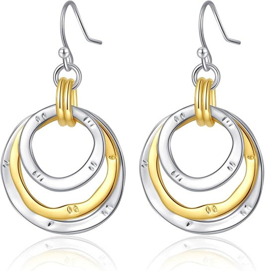 Mixed Metal Earrings, Round Circle Hoop Two Tone Dangle Earrings, Vintage Gold and Silver Geometric Earrings, Handmade Boho Earrings for Women