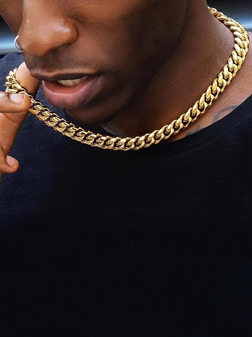 ChainsHouse Miami Cuban Link Chain Necklace for Men, 4.8mm/6mm/10mm/14mm Width, 14K Gold Plated/Stainless Steel/Black Mens Chunky Hip Hop Necklace Curb Chains, 14"-30" Length, Come Gift Box