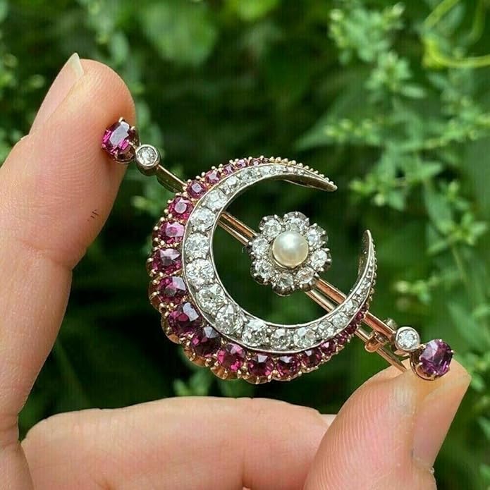 2.00 Ct Round Simulated Pink Ruby & White Diamond, White Pearl Moon Women Brooch Pin 14k Yellow Gold Plated 925 Silver