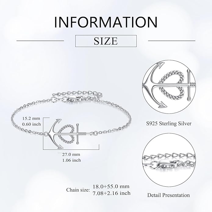 Anchor Bracelet Sterling Silver Faith Hope Charity Bracelets Heart Cross Anchor Jewelry Birthday Gifts for Women