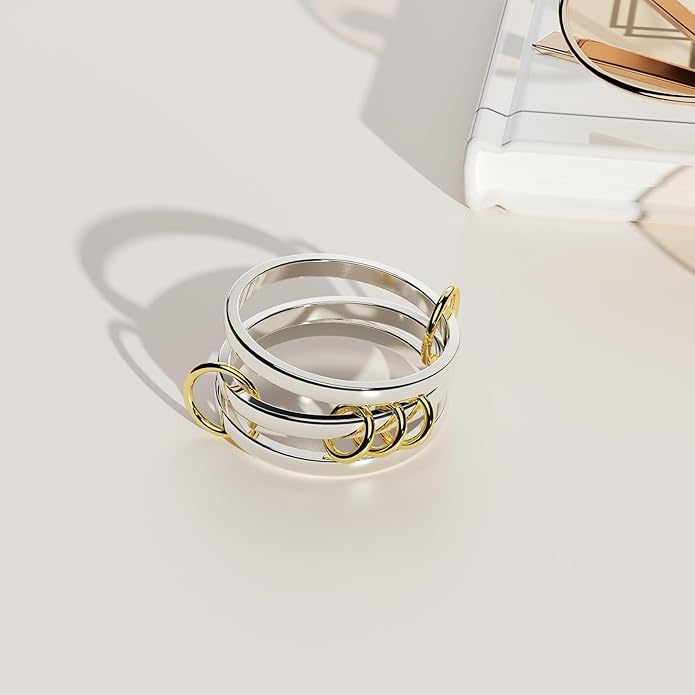 Stackable Rings For Women Non Tarnish,Two-Tone 18K Gold Silver Mixed Metals Interlocked Ring, Cubic Double-Layer Zirconia Interlocked Fashion Accessories Jewelry, Special Statement Ring Set Gifts For Women