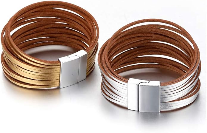 Fesciory Leather Wrap Bracelets for Women, Boho Leopard Multi-Layer Crystal Beads Cuff Bracelet Jewelry