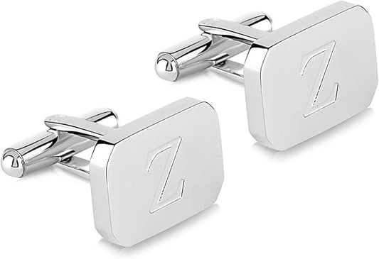 18K White-Gold Plated Initial Engraved Stainless Steel Men’s Cufflinks With Gift Box -Personalized Alphabet Letter’s A-Z By Lux & Pair