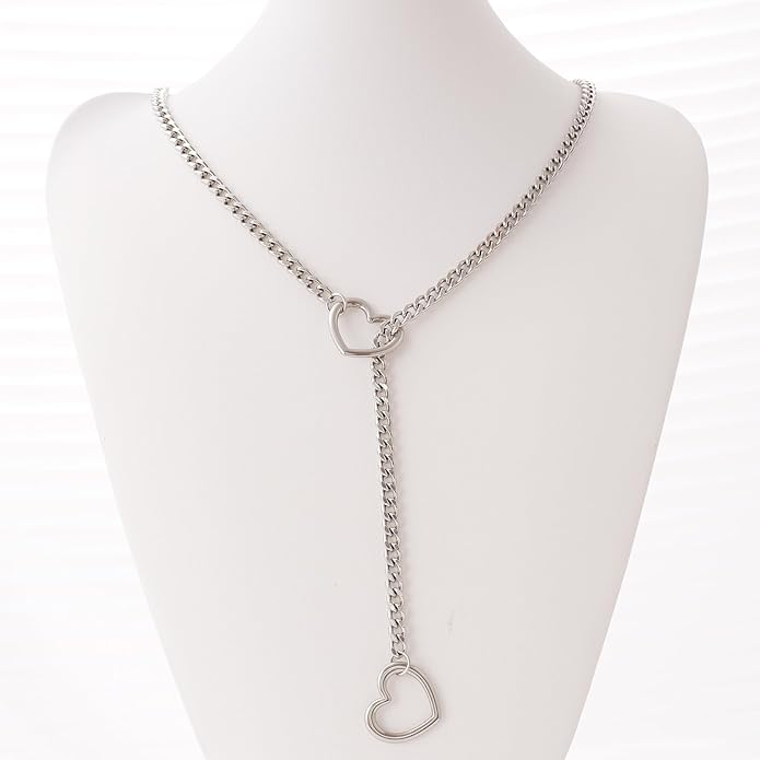 Heart Slip Chain Necklaces for Women,Stainless Steel O-Ring Adjustable Lariat Y-Necklace,Punk Gothic Cuban Collar Choker Necklace for women