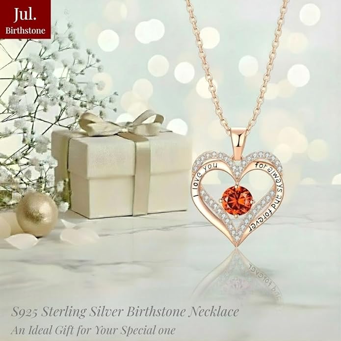 Birthstone Heart Necklace for Women Wife Girlfriend Mom Daughter Gifts S925 Silver Jewelry For Anniversary Rose Gold Gifts For Birthday Christmas Mothers Valentines Day