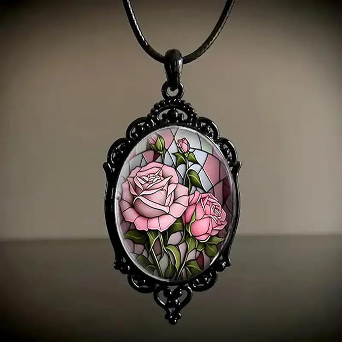 Gothic Rose Glass Necklace for Women Vintage Satan Demon Pendant Halloween Roses Necklaces Dark Punk Style Necklace Victoria Emboss Necklaces Mystic Witch Jewelry Gift Accessories
