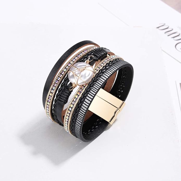 Fesciory Leopard Bracelet for Women, Boho Leather Wrap Multi-Layer Pearl Crystal Bracelet Bangle Jewelry
