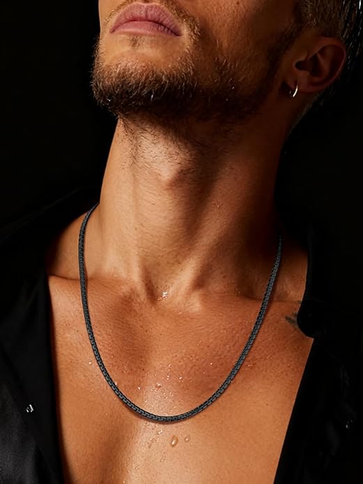 Richsteel Stainless Steel Mens Flat Link Chain Necklace, Black/Gold/Steel Chain for men, 2mm/4mm/6mm Width, No Tarnish & Hypoallergenic Hip Hop Jewelry, 18"-30" Length