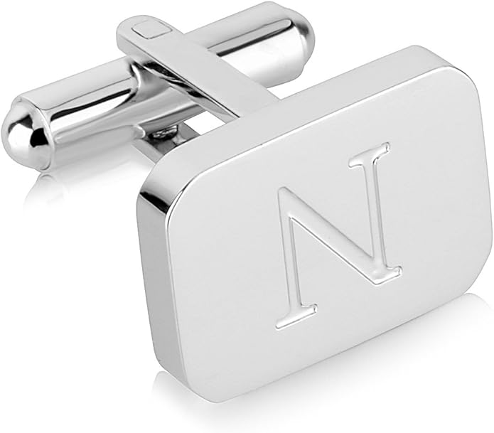 18K White-Gold Plated Initial Engraved Stainless Steel Men’s Cufflinks With Gift Box -Personalized Alphabet Letter’s A-Z By Lux & Pair