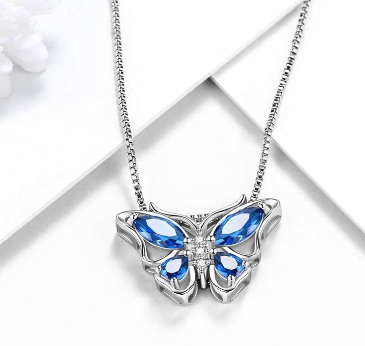 Aurora Tears Butterfly Birthstone Pendant Necklace - Women 925 Sterling Silver Butterflies Birthstone Pendant Necklace Jewelry Birthday Gift for Women