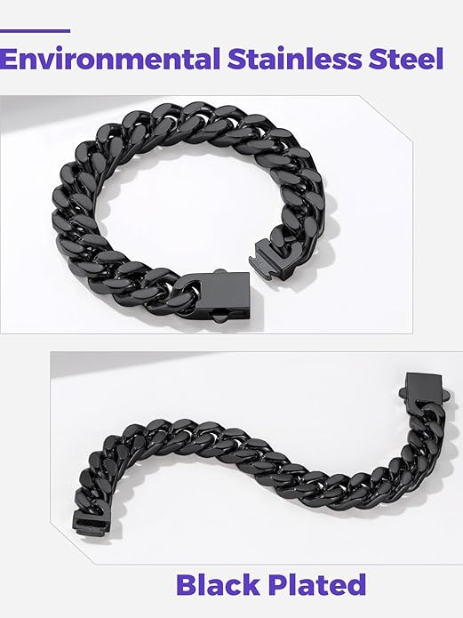 Richsteel 5/7/9/12mm Wide Miami Cuban Link Chain Bracelet for Men Women,Stainless Steel/Gold/Black Plated,7.4/8.2/9 Inch Length,Hip Hop Urban Street-wear Jewelry(Gift Wrapped)