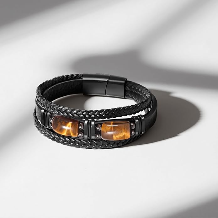 Tiger Eye Black Leather Bracelet Men Natural Tiger Eye Gemstone Crystal Stone Jewelry Handmade Courage And Stress Relief Protection Bracelet