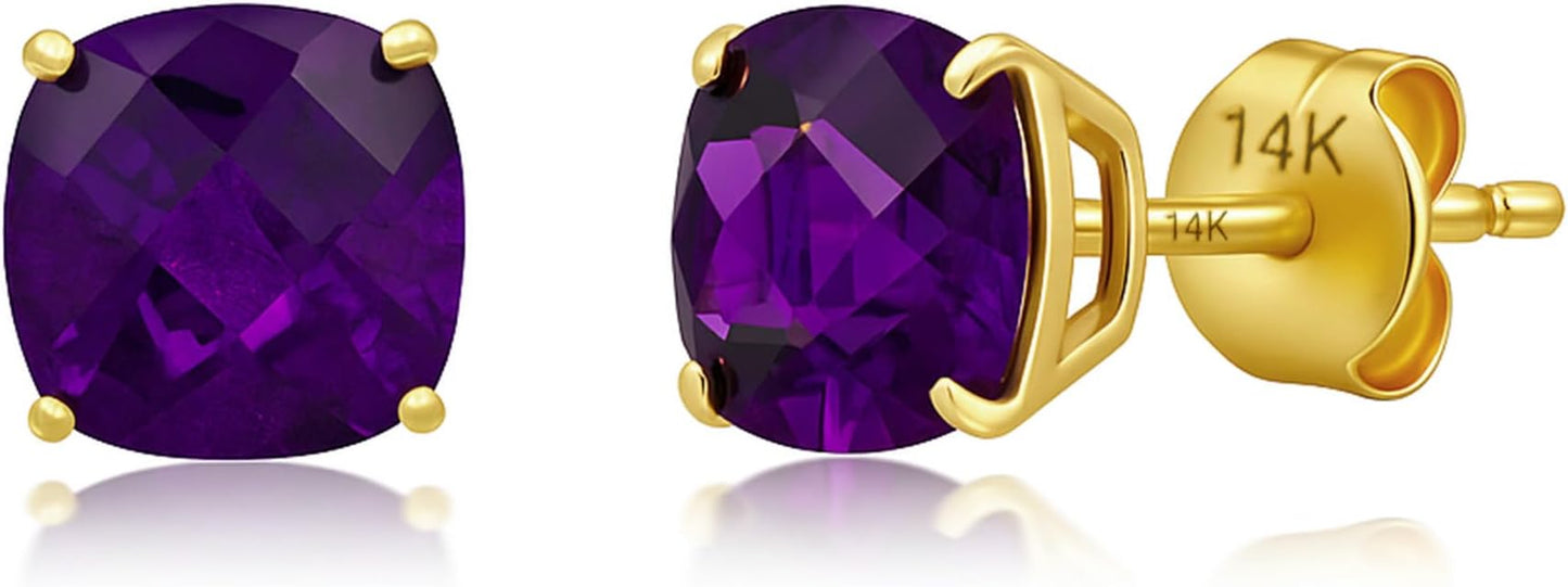 14k Gold 6MM Cushion Cut Stud Gemstone Earrings | Hypoallergenic Solitaire Gemstone Studs with 14K Gold Backs | Lightweight Birthstone Earrings with Gift Box by MAX + STONE