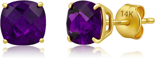 14k Gold 6MM Cushion Cut Stud Gemstone Earrings | Hypoallergenic Solitaire Gemstone Studs with 14K Gold Backs | Lightweight Birthstone Earrings with Gift Box by MAX + STONE