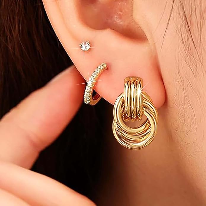 3Pairs Gold Hoop Earrings Set for Women Trendy Chunky Huggie Dainty Earring Jewelry for Women Teens