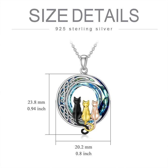 TOUPOP Christmas Cat Gifts for Cats Lovers One Two Three Four Cats Necklace Sterling Silver Cats on the Moon Pendant Necklace with Blue Circle Crystal Birthday Christmas Celtic Jewelry Gifts for Women