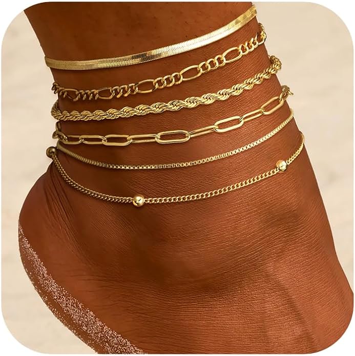 DEARMAY 14K Gold Plated Ankle Bracelets for Women Waterproof - Dainty 6Pcs Anklets Layered Cuban Link Chain Herringbone Cute Anklets Set Pack Summer Beach Jewelry Gift for Women Teen
