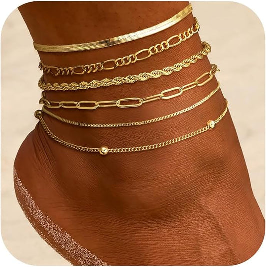 DEARMAY 14K Gold Plated Ankle Bracelets for Women Waterproof - Dainty 6Pcs Anklets Layered Cuban Link Chain Herringbone Cute Anklets Set Pack Summer Beach Jewelry Gift for Women Teen