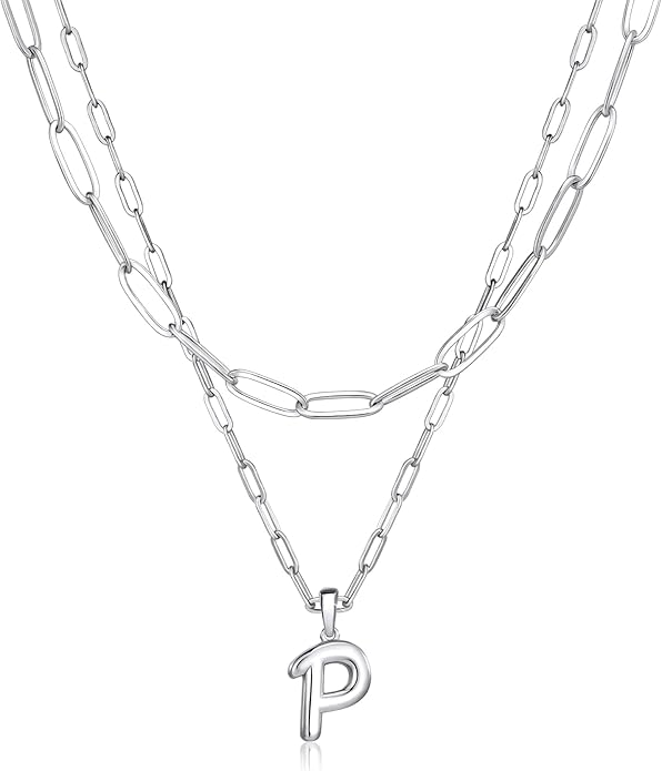 adoyi Gold Necklace for Women Layered Bubble Heart Letter Initial Necklaces for Women Trendy Jewelry 14K Gold Plated Chain Chunky Name Necklace Stack Charm A-Z Pendant Set Jewelry Gifts