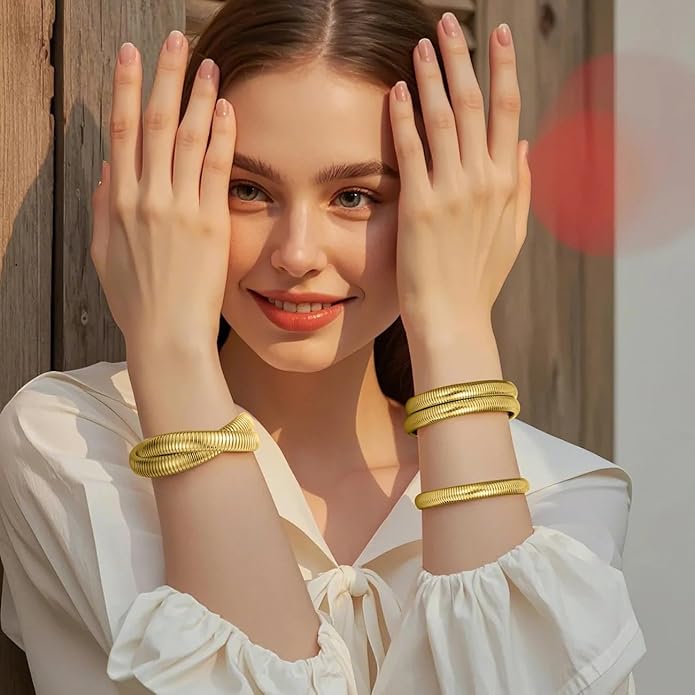 Emibele Gold Bangles Bracelet Set for Women, 18K Gold Plated Chunky Stainless Steel Non Tarnish Stretch Bracelet Stack, Flexible Wide Wristband Bangle Layered Snake Chain Bracelets