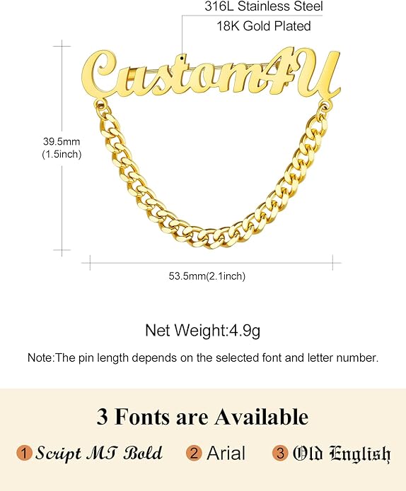 Custom4U Custom Name Pin Personalized Brooch Pins for Women Men Stainless Steel Name Tag with Letters/Initials - Silver/Gold/RoseGold/Black Customized Jewelry Gifts for Birthday Wedding Business Party