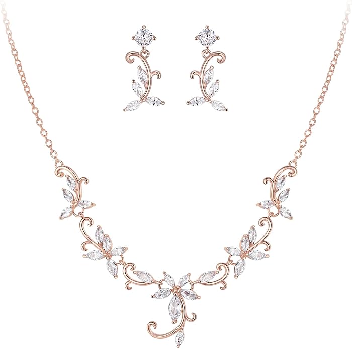 Crysdue Flower Leaf Wedding Jewelry Set for Bridal Bridemaid, Cubic Zirconia Teardrop Elegant Silver/14K/Rose Gold Plated Vine Necklace Dangle Earrings for Prom Party