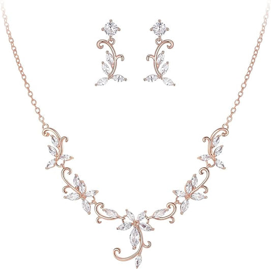 Crysdue Flower Leaf Wedding Jewelry Set for Bridal Bridemaid, Cubic Zirconia Teardrop Elegant Silver/14K/Rose Gold Plated Vine Necklace Dangle Earrings for Prom Party
