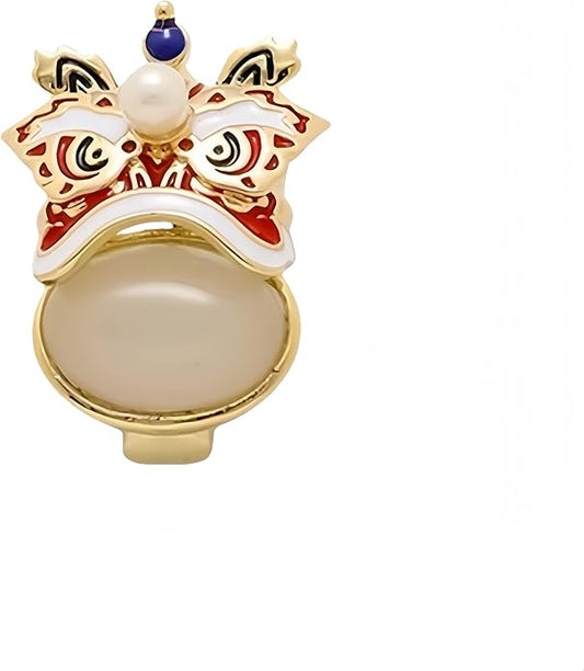 Chinese Lion Dance Brooch, Vintage Enamel Floral & Cat Eye Pearl Adjustable Lapel Pin for Women & Men – Traditional Asian Style Awakening Lion Brooch for Jacket, Blazer, Scarf, Qipao, Wedding, Festival Gift (Gold/Red/Blue)