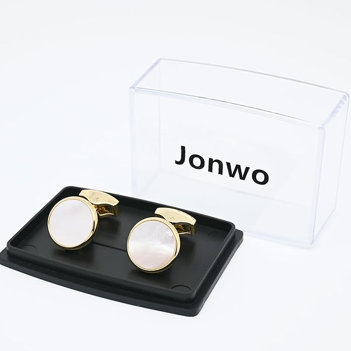 Jonwo Silver / 14K Gold Plated Natural Mother of Pearl Cufflinks for Men Women Classic Round Men's Cufflinks Jewelry for Wedding Party Anniversary Business Tuxedo Dress