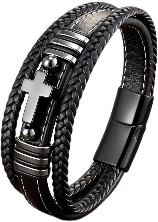 Cross Leather Bracelet For Men Multilayer Braided Memorial Wristband Bangle Stainless Steel Buckle Religious Activities Holiday Gifts