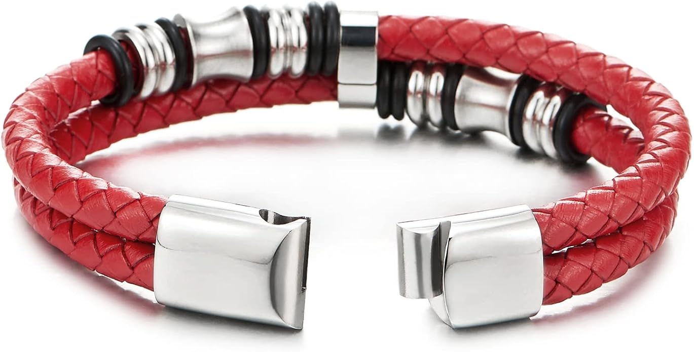 COOLSTEELANDBEYOND Mens Double-Row Braided Leather Bracelet Bangle Wristband with Stainless Steel Ornaments