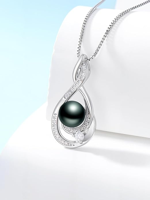 KANNSOAR Tahitian Black Pearl 18K White Gold Plated Sterling Silver Heart/Infinity/Four Leaf Clover Pendant Necklace Jewelry Gifts for Women Wife Mom Girlfriend Wedding Birthday Anniversary Christmas