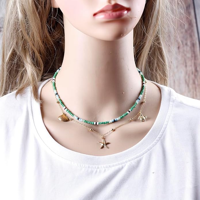 Da Piao Liang Handmade Multilayered Colorful Seed Beads Choker Necklace – Boho Starfish Creative Beach Jewelry for Women – Summer Necklace