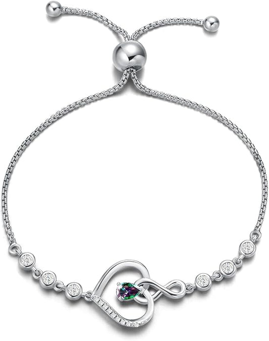 AGVANA Heart Birthstone Bracelets for Women Sterling Silver Genuine or Created Gemstone Tennis Bracelet Infinity Love Jewelry Anniversary Birthday Gifts for Wife Mom Women
