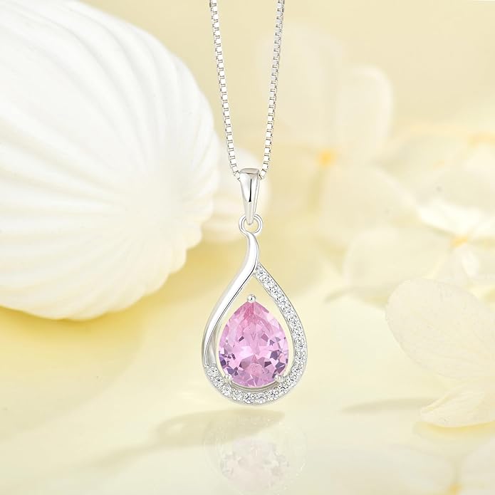 925 Sterling Silver Created Pink Tourmaline Jewelry Set for Women Teardrop Birthstone Dangle Drop Earrings and Necklace Set Jewelry for Her