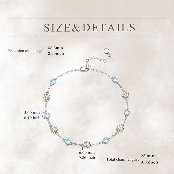 CRMAD 925 Sterling Silver Daisy/Sunflower Moonstone Anklet Daisy Flower Ankle Bracelet for Women Beach Dainty Jewelry