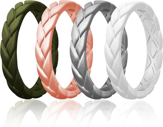 Egnaro Women's Silicone Stackable Rings 3.5mm Wide 2mm Thick, Rubber Flexible Hypoallergenic Wedding Bands For Workout Leaf Braided Fashion