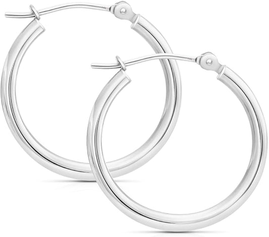 14k White Gold Polished Real Gold Hoop Earrings, Plain Round Gold Hoops, White Gold Hoop Earrings