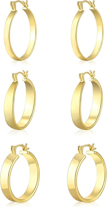 WGOUD 3 Pairs 925 Sterling Silver Post Hoop Earrings Hypoallergenic 14K Gold Plated Lightweight Hoop Earrings for Women Medium Silver Hoops Earring for Women 24/26mm