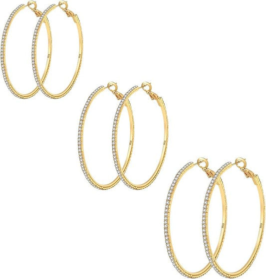 925 Sterling Silver Earrings Large Rhinestone Hoop Earrings Big Cubic Zirconia Hoop Earrings Thin Rhinestones Round Hoop Earrings for Women 20/30/40/50/60/70mm Sparkly Hoops With Crystals for Womens